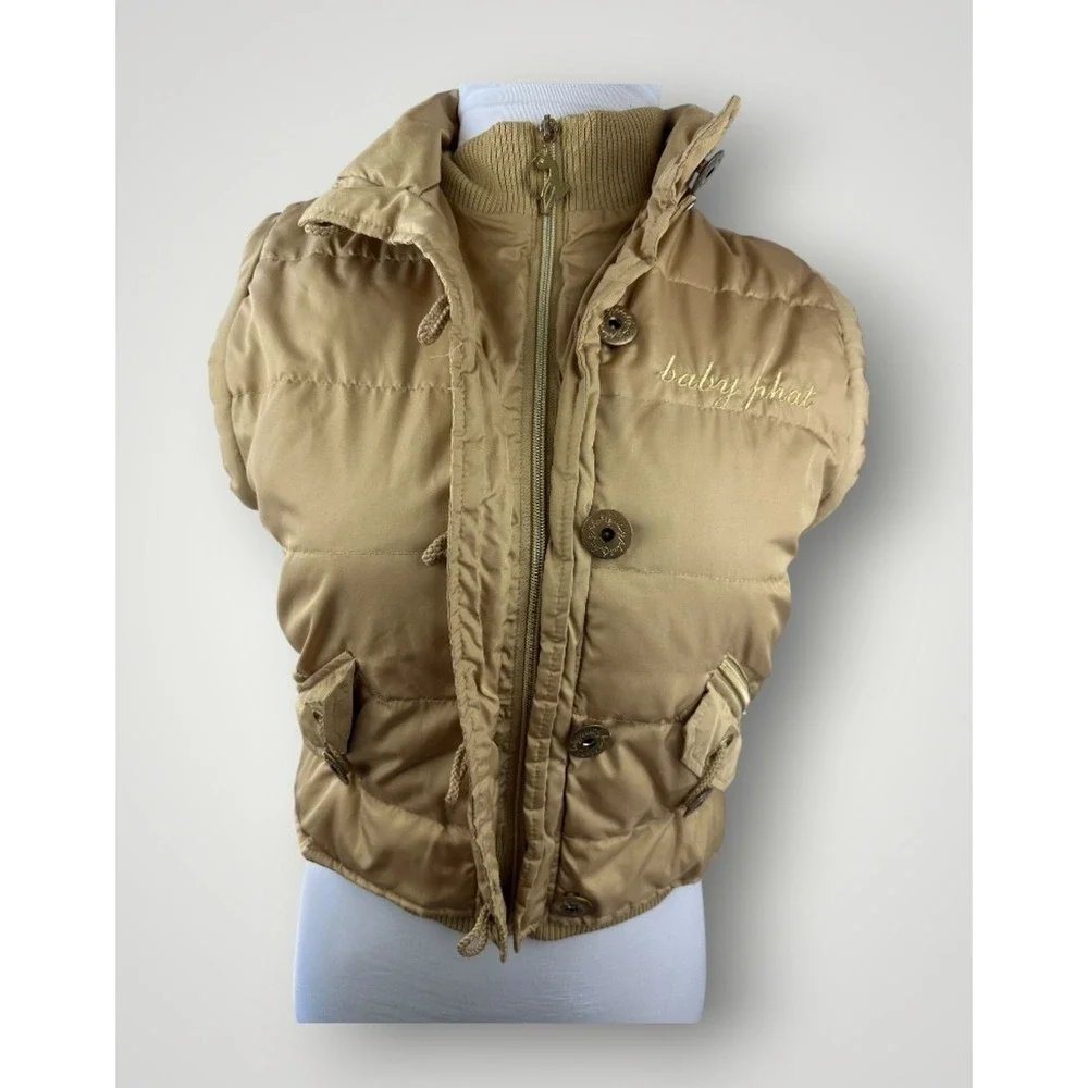 Vintage Y2K Baby Phat Feather Down Puffer Vest Gold Button Zip Womens Size Large - Picture 4 of 16